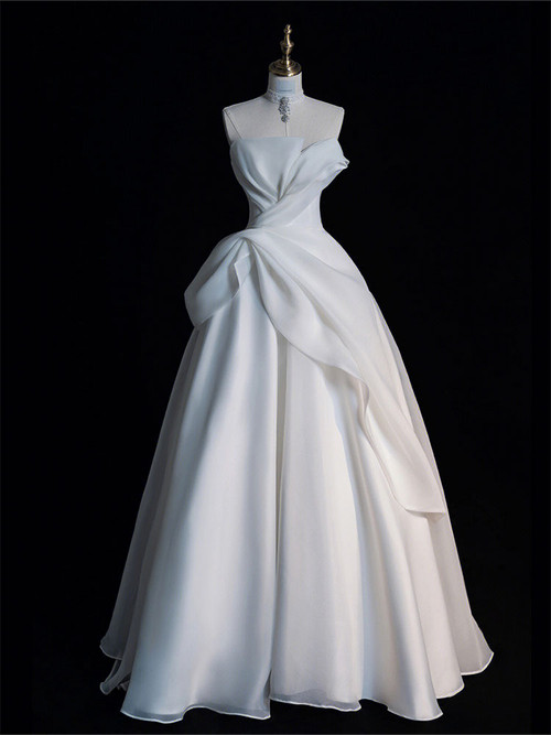 White Organza Strapless Pleats Sleeveless Wedding Dress main image 1