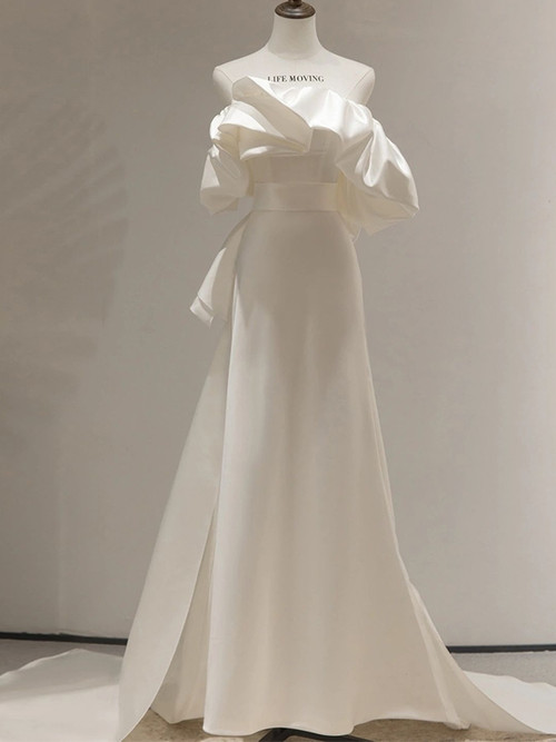 Simple White Satin Strapless Wedding Dress