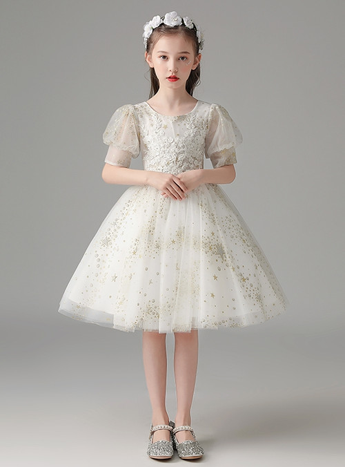 White Sequins Short Sleeve Flower Girl Dress