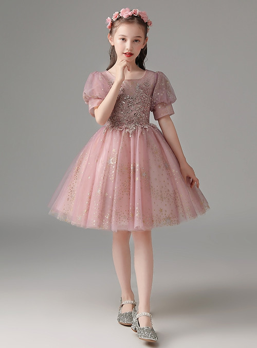 Summer Arrival Sequins Flowers Pattern Short Sleeves Crew Neck Dress for Stylish Girls main image 1