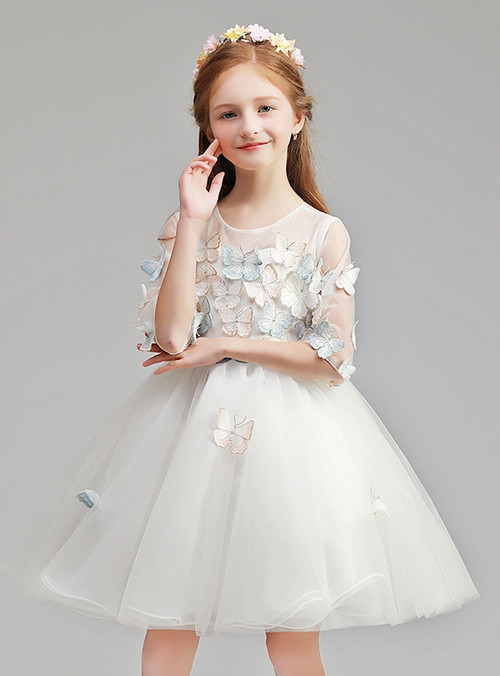 Wavlynn Long White Asymmetric Tulle Dress for Girls with Floral Embroidery and Flared Sleeves main image 1