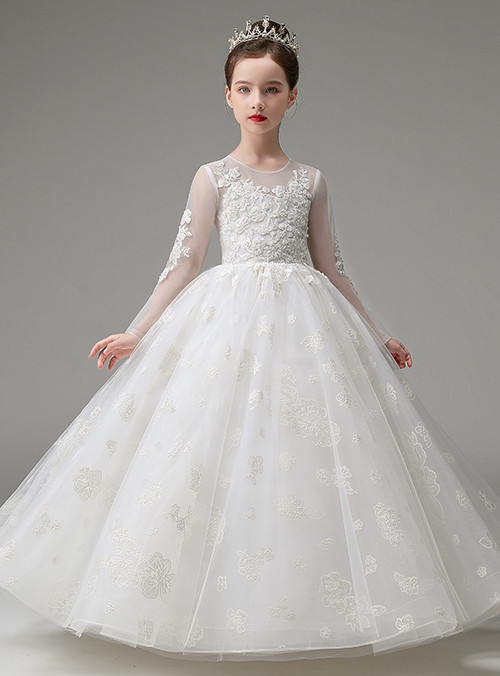 Round Neck White Appliques Flower Girl Dress