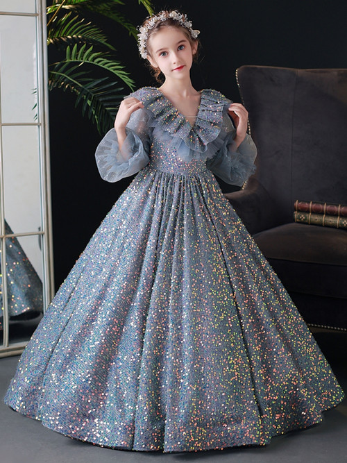 Girls Blue Floral Printed And Sequined Dress