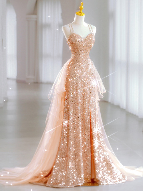Gold Sequins V Neck Ruffles Prom Dress LBQ4222