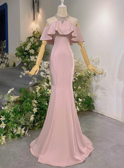 Pretty Mermaid Halter Pink Backless Prom Dress Evening Dress Formal Dress main image 1