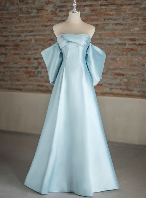 Sky Blue - Strapless A Line Satin Pleated Prom Dresses With Slit