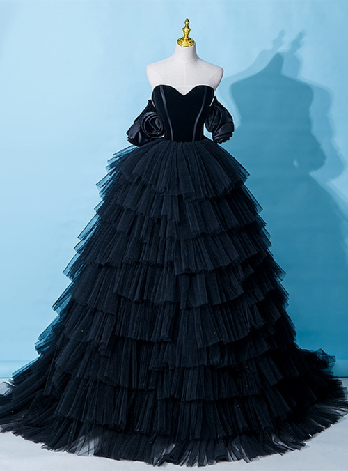 Black Sweetheart Tiered Tulle Long Prom Dresses VK23122902