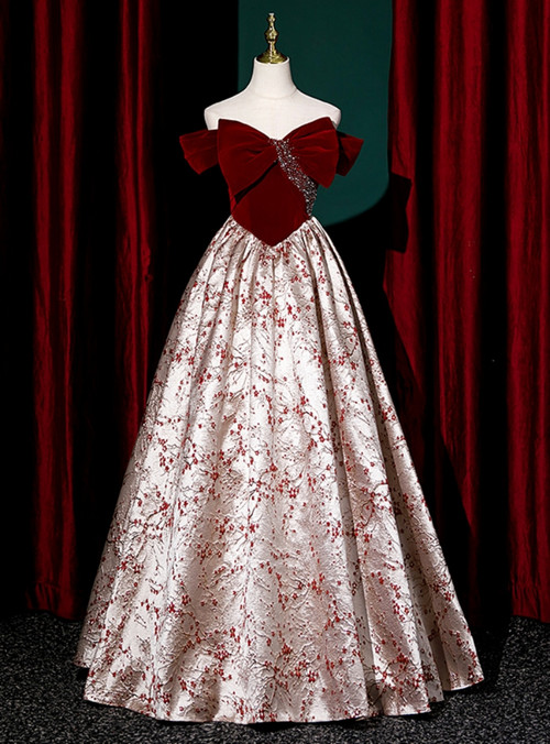 Velvet One Shoulder Gown Statement Bow Detail Formal Wear Burgundy main image 1