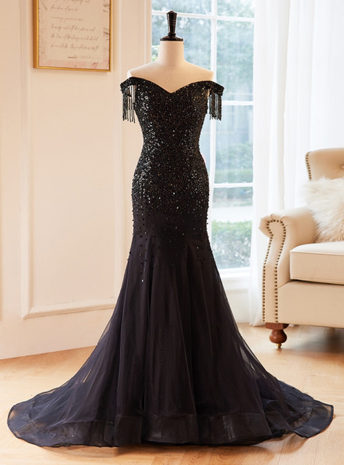 Long Sleeve Beading Black Off The Shoulder Trumpet Mermaid Prom Dress