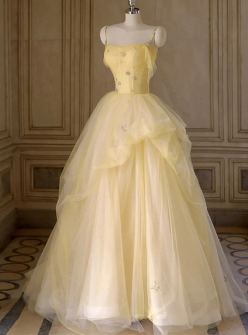 Yellow Tulle One Shoulder Pleats Beading Prom Dress main image 0