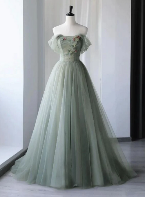 Green Tulle Beading Off Shoulder Sparkle Prom Dress