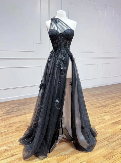 Black Tulle A-line Short Sleeves Side Split Prom Dresses, Evening Gown, PL528