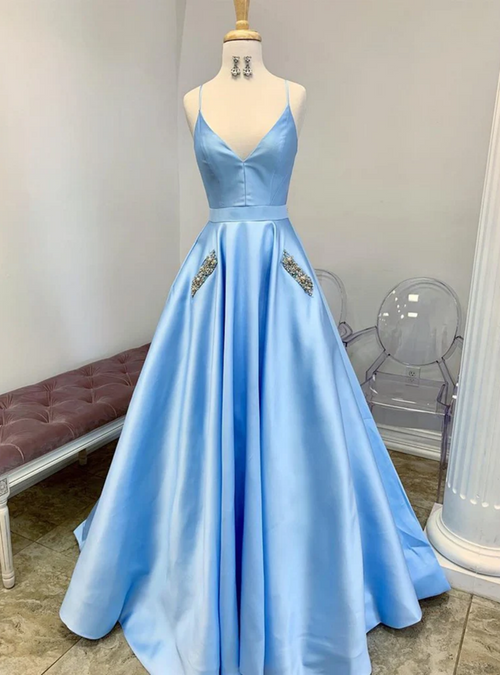 Satin Spaghetti Strap Party Dress - Blue polkadot main image 0