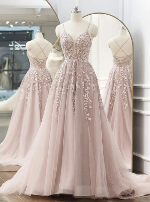 Princess Prom Dress Scoop Neck Spaghetti Straps Crisscross Pink Lace Tulle Slit