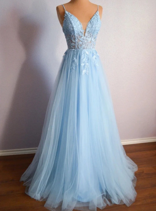 Plus Size Tulle Light Blue Spaghetti Straps Long Prom Dress with Appliques main image 0