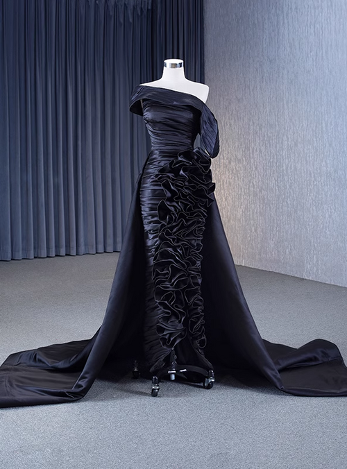 Black Strapless Pleated Cowl Neck Satin Prom Dress with Appliques