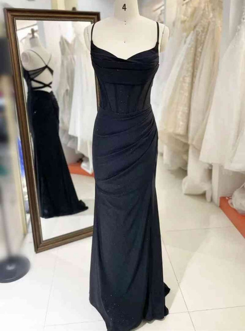 Black Sheath Spaghetti Straps Open Back Sequins Prom Dresses main image 0