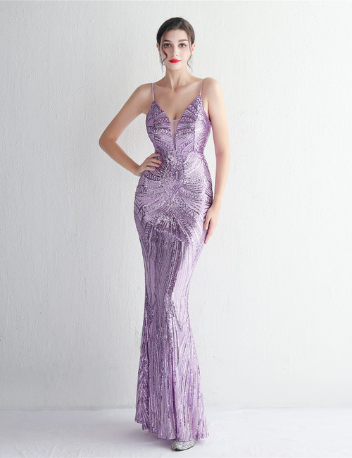 18091 Purple Boat Neck Simmer Mermaid Dress