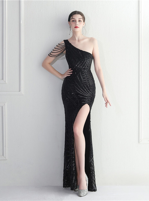 Shiny Grey One Shoulder Sequins Long Evening Party Dress with Split DP3931