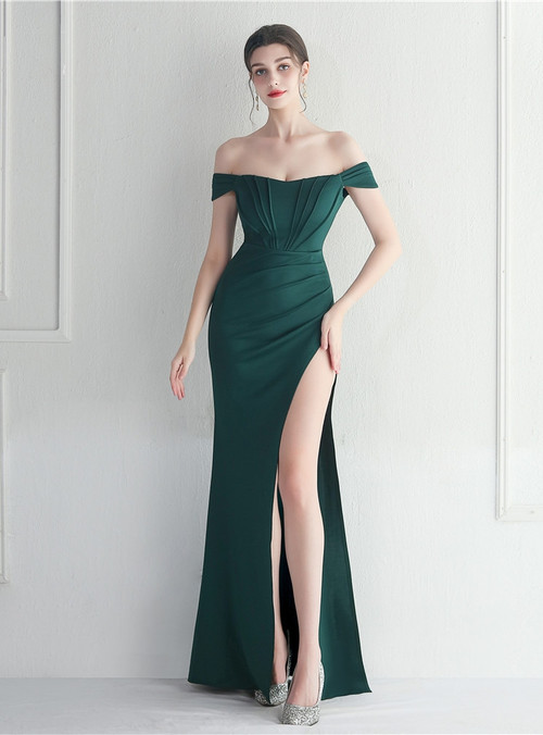 Wholesale Dark Green V Neck Mermaid Evening Dress With Split Sleeveless Sexy Party Dress