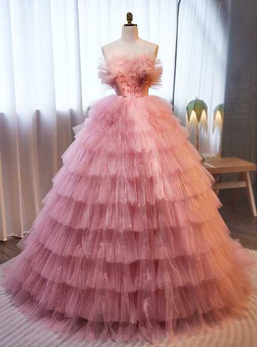 Modest Pink Strapless Tiered Tulle Prom Dress, Pink Formal Prom Gown,Wedding Reception Dress Y1051 main image 1