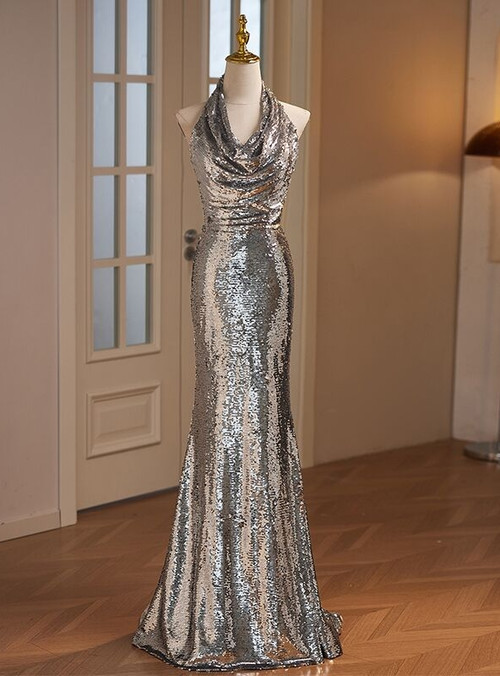 Glitter Mermaid Halter Silver Sequin Long Prom Dress, Evening Dress C6791 main image 1