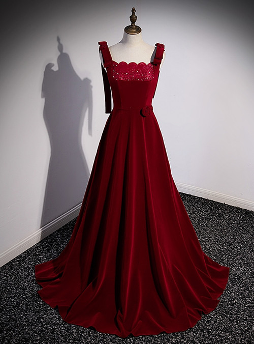 Burgundy Black Velvet Long Sleeve Beading Formal Prom Dress main image 0