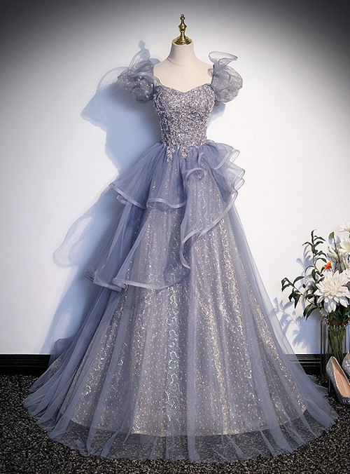 Blue Tulle Puff Sleeve Beading Sequins Formal Prom Dress main image 0