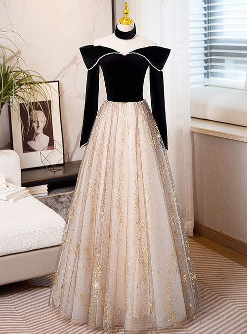 Off Shoulders Velvet Glitter Black Prom Dress