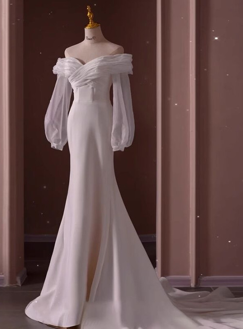 Fairytale Mermaid Off The Shoulder White Long Satin Wedding Dresses main image 0