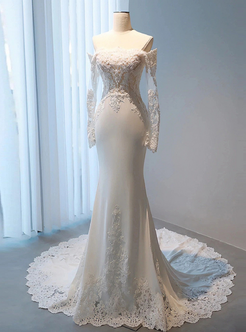 Off-Shoulder with Flower Appliques Mermaid Wedding Dress