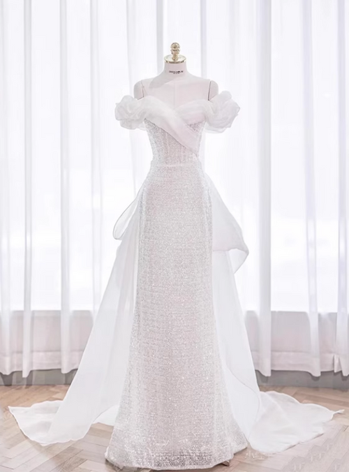 Aesthetic Sheath Off The Shoulder White Sequin Short Wedding Dresses Brides Dresses
