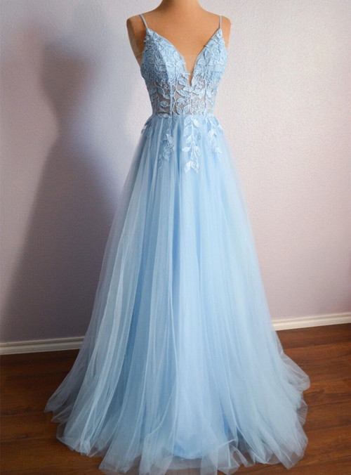 Light Blue Tulle Sequins Appliques Long Sleeve Prom Dress