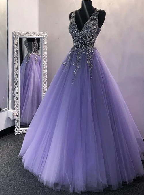 Purple Beaded V-neckline Tulle Sparkle Party Dress Evening Dress Purple Tulle Prom Dress Y1008 main image 1