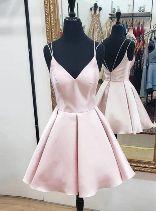 Deep V-Neck Criss-Cross Straps Short Blush Satin Homecoming Dress PG198