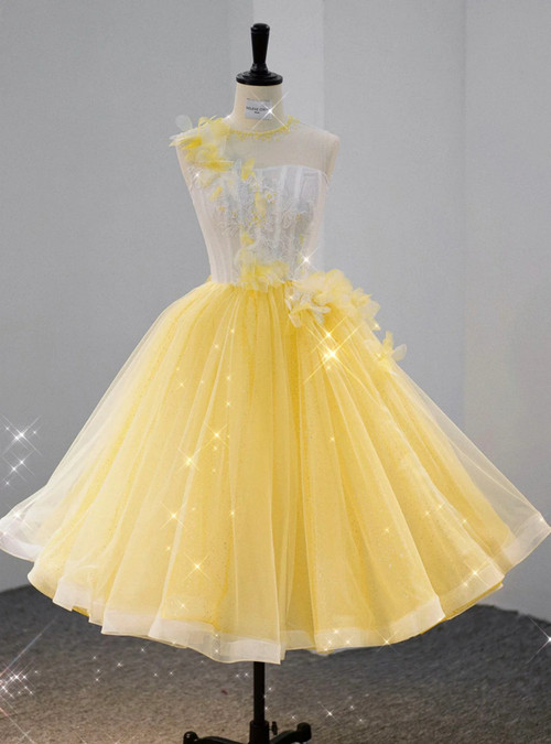 Elegant V-neck Sleeveless A-line Tulle Applique Flowers Yellow Homecoming Dresses, HD0584