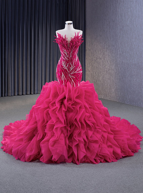 Sensual Beaded Backless Mermaid Long Gown Fuchsia