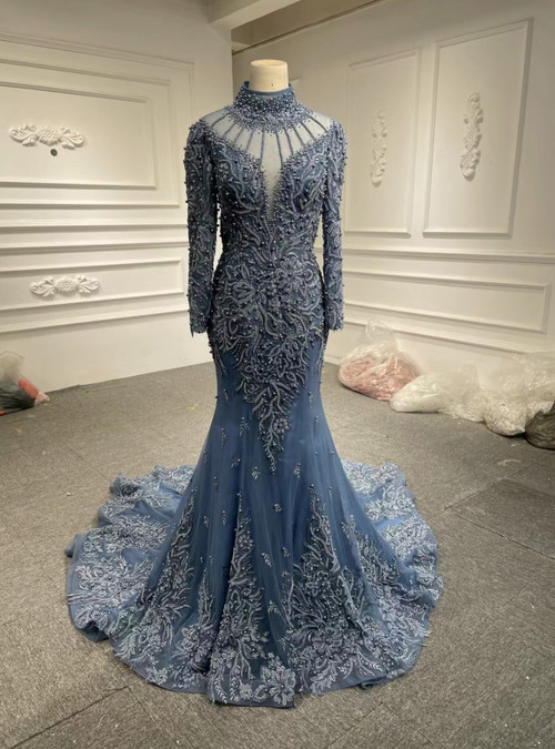 Blue Mermaid Sleeveless Prom Dress with Tulle Ruffles and Appliques