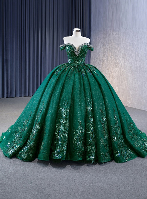 Crystals Green Cold Shoulder Sleeves A-Line Pageant Dress