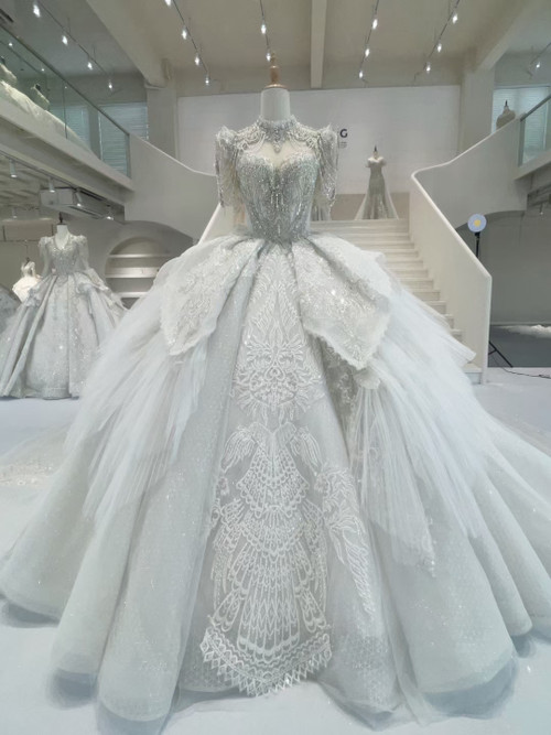 Unique Ball Gown High Neckline Tulle White Long Wedding Dresses Brides Dress