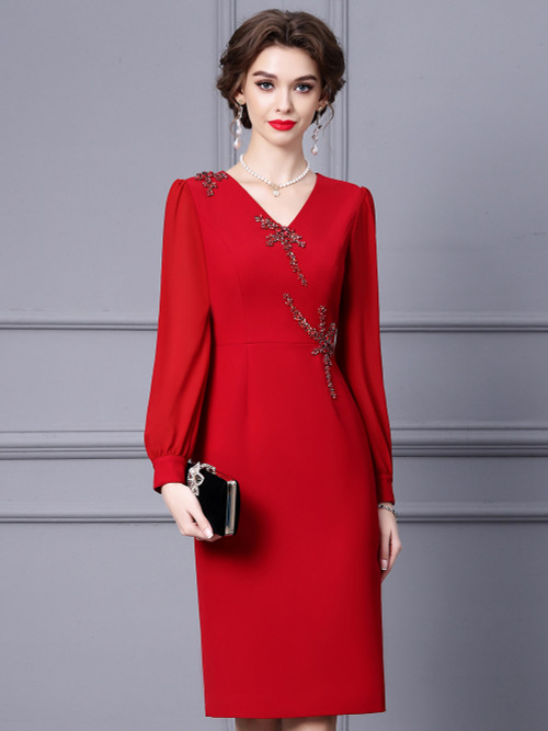 Red Long Sleeve Crystal V-neck Mother Of The Bride Dress