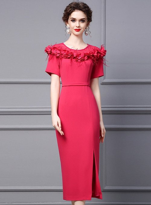 Fuchsia One Shoulder Embroidery Floral Sheath Mother of the Bride Dress main image 0