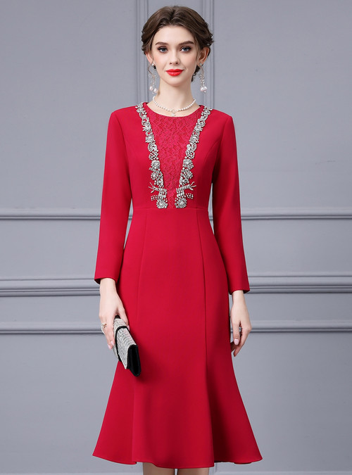 Burgundy Sheath Long Sleeve Beading Mother Of The Bride Dress