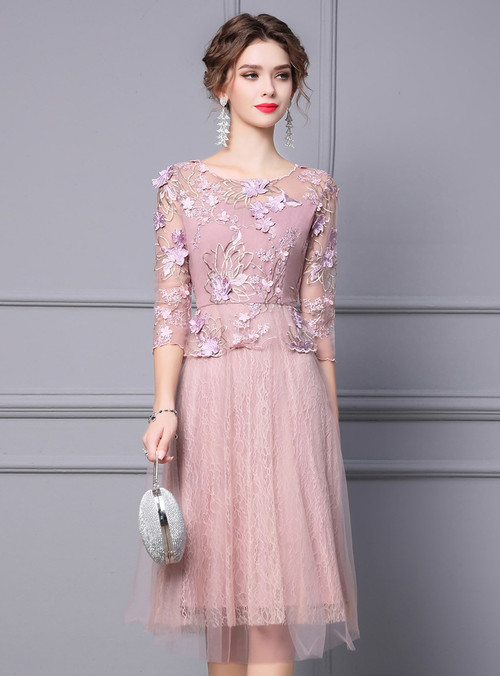 Pink Lace Embroidery Flower Mother Of The Bride Dress