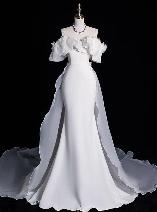 Mermaid Off Shoulder Tea Length Satin White Party Dress main image 0