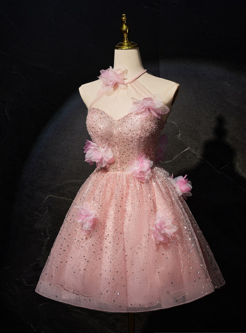 Pretty Halter Pink Sequin Feathers Sheath Cocktail Dress Formal Birthday Dress Homecoming Dress main image 1