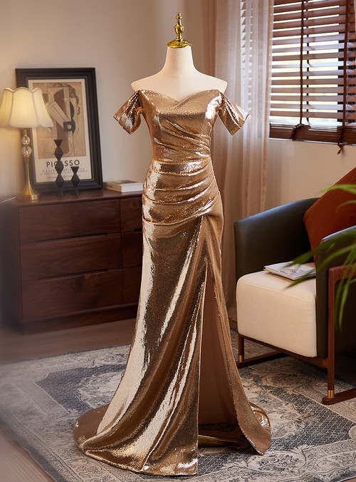Charming Off The Shoulder Champagne Satin Pleated Mermaid Party Dress Long Birthday Prom Gown SP966