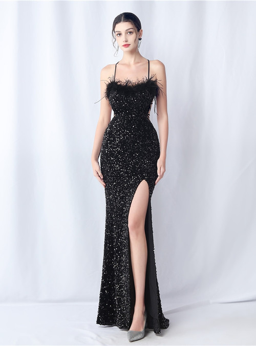 Shadow Of Sequin Shimmer Spaghetti Strap Maxi Dress - Black Party Dress