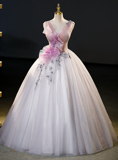 Elegant Lace Appliques V-neck Ruffles Ball Gowns Quinceanera Dresses main image 1