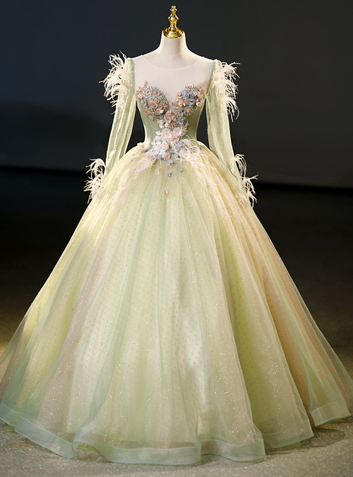 Dark Green Tulle Long Sleeve Appliques Quinceanera Dress
